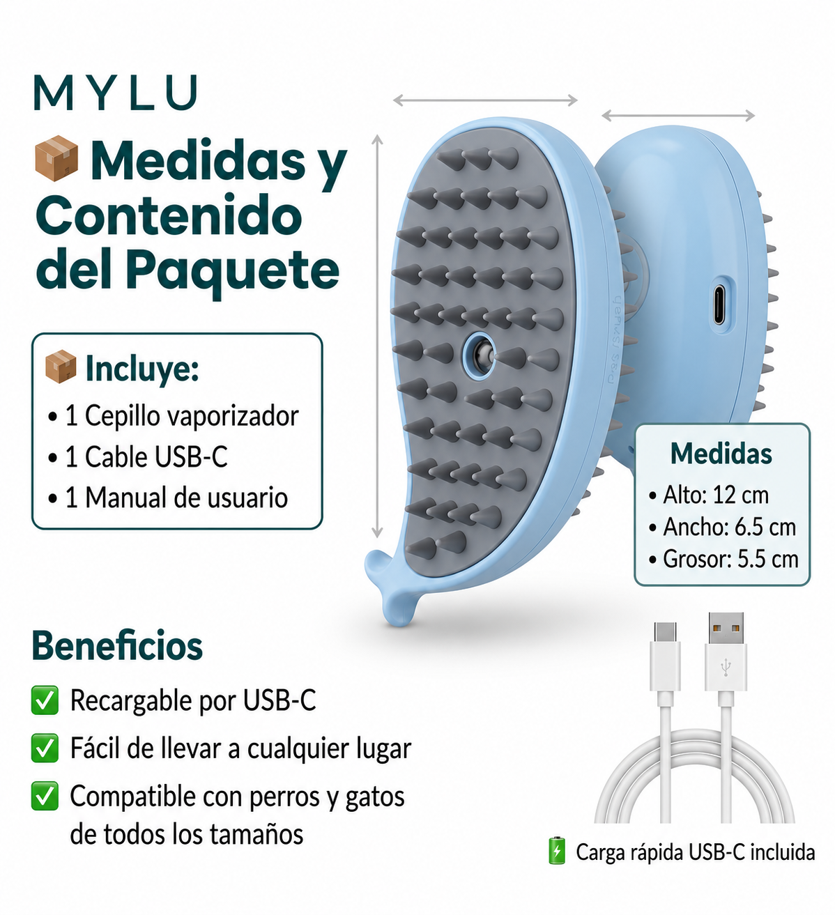 Cepillo vapor para mascota (celeste)