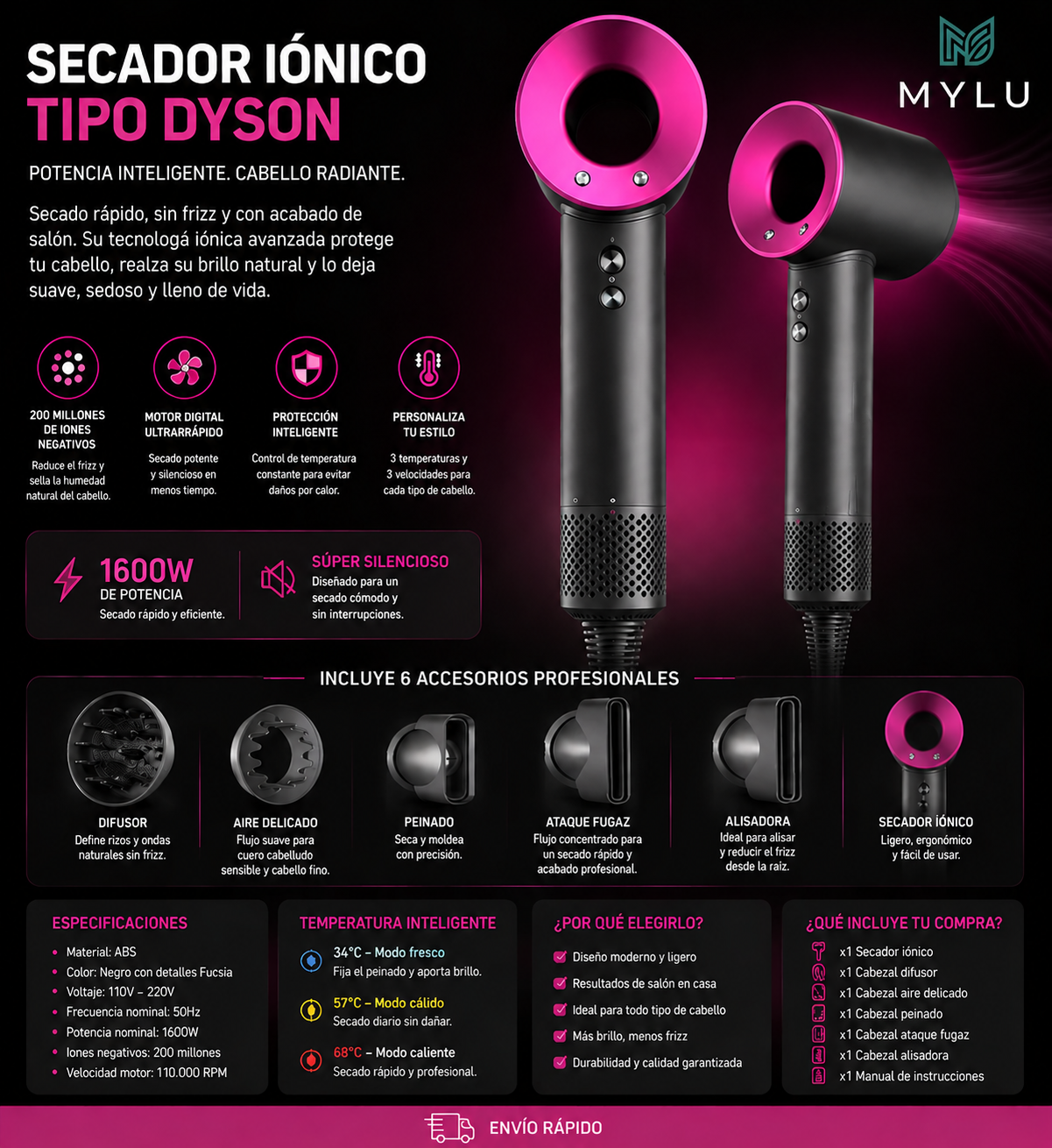 Secador iónico tipo dyson con accesorios